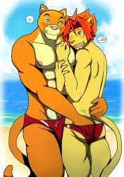 5_fingers abs anthro ass beach bearlovestiger13 biped blep blush bulge bulge_frottage butt_grab clothed clothing cougar don_puma duo erection erection_under_clothing felid feline fingers fur hair hand_in_underwear hand_on_butt heart_symbol hi_res leaning_on_another lion looking_at_another male male/male mammal morenatsu multicolored_body multicolored_fur muscular muscular_anthro muscular_male nipples open_mouth orange_body orange_fur orange_hair pantherine pecs pink_nose portrait soutarou_(morenatsu) speedo speedo_only swimwear tan_body tan_fur three-quarter_portrait tongue tongue_out topless two_tone_body two_tone_fur underwear underwear_only