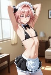 ai_generated astolfo_(fate) fate/grand_order fate_(series) femboy flat_chest hands_behind_head kikia1 maid maid_dress maid_headdress maid_outfit male pink_hair short_hair skinny small_breasts small_penis testicles trap upper_body