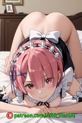 ahq_hentai ai_generated ass_up blush breasts exposed_breasts female maid maid_uniform medium_breasts naked_ass nipples on_all_fours patreon perfect_body pink_hair ram_(re:zero) re:zero_kara_hajimeru_isekai_seikatsu smile stable_diffusion