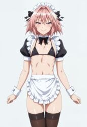 ai_generated astolfo_(fate) fate/grand_order fate_(series) femboy flat_chest kikia1 maid maid_dress maid_headdress maid_outfit male pink_hair short_hair skinny small_breasts small_penis testicles trap