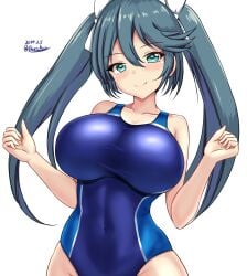 blue_eyes blue_hair blue_one-piece_swimsuit blush breasts competition_swimsuit covered_navel cowboy_shot dated female hair_between_eyes hair_ribbon highres impossible_clothes impossible_swimsuit isuzu_(kancolle) kantai_collection large_breasts long_hair looking_at_viewer montemasa one-piece_swimsuit ribbon smile solo swimsuit twitter_username two-tone_swimsuit white_background white_ribbon