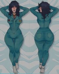 1girls anya_(mouthwashing) big_ass big_breasts black_hair body_pillow bodypillow curvy dakimakura dakimakura_design fully_clothed hip_dips jumpsuit lying lying_on_back lying_on_stomach mouthwash1ng mouthwashing mouthwashing_(game) overalls solo solo_female solo_focus suggestive tagme