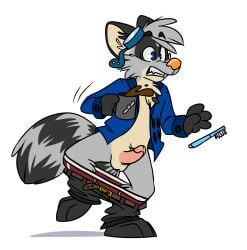 anthro balls beverage bottomwear bottomwear_down boxer_briefs boxer_briefs_down brown_boxer_briefs brush bulge clothed clothing coffee coffee_mug eyewear eyewear_on_head genitals glans goggles goggles_on_head hi_res jacket male mammal markings panicking pants pants_down partially_clothed paws penis procyonid raccoon ring_(marking) ringed_tail ringo_raccoon solo spilling_drink striped_markings striped_tail stripes tail tail_markings tinydeerguy toothbrush topwear tripping underwear