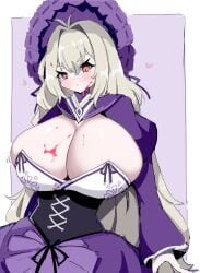 1girls big_breasts blood bloodfiend blush breasts cleavage dulcinea_(limbus_company) female gigantic_breasts huge_breasts large_breasts limbus_company pout project_moon silver_hair white_(pixiv)