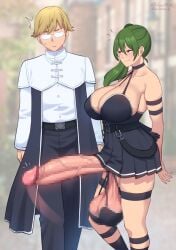 1boy 1futa allurmilk alternate_breast_size black_dress black_pants blurry blurry_background breasts censored choker cleavage commentary_request cropped_legs dress erection female futa_with_male futanari gigantic_penis glasses green_hair highres huge_cock intersex land_(sousou_no_frieren) large_breasts looking_at_another mosaic_censoring o-ring o-ring_choker opaque_glasses outdoors pants penis public_indecency public_nudity sagging_testicles shirt side_ponytail sousou_no_frieren standing testicles ubel_(sousou_no_frieren) veins veiny_penis white_shirt zheng