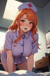 1girls ai_generated ane_wa_yanmama_junyuuchuu_in_jikka bending_forward bending_over blush blush blush_lines brown_eyes cleavage dh_lucky ginger_hair large_breasts long_hair milf nurse nurse_uniform open_mouth orange_hair sano_aika smile smiley_face solo