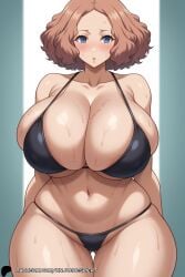 1girls ai_generated alternate_breast_size areola_slip ass_visible_through_thighs bikini black_bikini blue_eyes blush breasts brown_hair cleavage collarbone curvy haru_okumura huge_breasts looking_at_viewer navel okumura_haru persona persona_5 plump short_hair solo sweat swimsuit thick_thighs thighs unjobdespiert wide_hips