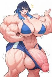 1futa abs ai_generated balls bulge erection_under_clothes fangs flexing hololive hololive_english huge_breasts huge_cock huge_muscles large_penis muscular_futanari ouro_kronii penis_out shorts smug testicles veins virtual_youtuber