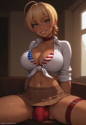 1futa 1futanari ai_generated american_flag american_flag_bikini ass big_ass big_breasts big_butt big_hips big_penis bikini blonde_hair blonde_hair blonde_hair_female breasts bulge bulge_through_clothing cleavage collar dark-skinned_futanari dark_skin dick dickgirl eyebrows eyelashes futa_only futanari green_eyes grin grinning grinning_at_viewer hair hands-free huge_cock indoors legs legs_apart lips long_hair looking_at_viewer makeup mito_ikumi narrow_waist narrowed_eyes nose panties penis red_panties seducing seductive seductive_eyes seductive_gaze seductive_look seductive_mouth seductive_pose seductive_smile shirt shokugeki_no_souma short_hair sitting skirt smile smile_at_viewer smiley_face smooth_balls smooth_penis smooth_skin solo solo_dickgirl solo_focus solo_futa solo_futanari testicles tied_shirt tomboy velonix white_shirt