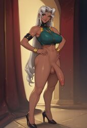 ai_generated black_high_heels bottomless buzam_a_calessa crop_top dark-skinned_futanari dark_skin futa_focus futa_only futanari grey_hair hands_on_hips high_heels jewelry large_breasts large_penis midriff precum self_upload standing vandread very_long_hair wide_hips