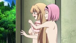 10s 2girls animated assisted_exposure bouncing_breasts breasts gokukoku_no_brynhildr kazumi_schlierenzauer large_breasts long_hair multiple_girls nipples no_bra pink_hair screencap short_hair small_breasts surprised takatori_kotori