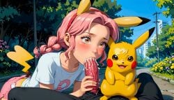 ai_generated bent_over blowjob blush cum cum_inside looking_at_viewer lost_battle_(pokemon) original_character pikachu pokefan_alice pokemon pokemon_(species) public public_sex ripped_clothing terror139