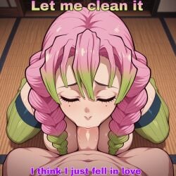 ai_generated blowjob comic kanroji_mitsuri kimetsu_no_yaiba nude oral oral_sex pov text