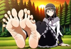 1girls ai_generated akemi_homura background black_hair black_toenails breasts feet female_only foot_fetish fuealahomg highres legs legwear painted_toenails pov_eye_contact purple_eyes shy soles solo solo_female spread_toes sunset toenail_polish toenails toes wrinkled_soles