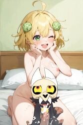 ahoge ai_generated animal_penis beastiality bed bedroom blonde_hair blush breasts cum disney_channel female green_eyes hands_on_cheeks king king_clawthorne mellonnchan one_eye_closed penis sitting the_owl_house zoophilia