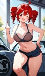 :d ai_generated big_breasts bra clothed curvy day daytime drill_curls drill_hair female flipping_off glass hand_on_hip kasane_teto middle_finger open_mouth pixai red_eyes red_fingernails red_hair sfw short_shorts solo summer sunlight sunscreen synthesizer_v trees utau wink winking