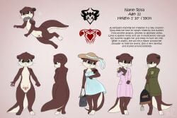 anthro big_tail clipboard clothing dress female hat headgear headwear hi_res jonatanm mammal model_sheet multi_nipple mustelid nipples nurse_clothing nurse_uniform otter pawpads pubic_tattoo rosa_(cirafiore) smoking solo sundress sweater tail tattoo topwear uniform womb_tattoo