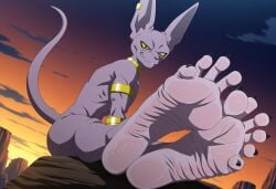 1boy ai_generated ass background beerus black_toenails cat_humanoid catboy dragon_ball dragon_ball_super earrings feet foot_fetish fuealahomg highres male_only muscular muscular_male painted_toenails purple_body sitting sitting_on_floor smile smiling smiling_at_viewer soles solo solo_male sweat sweatdrop sweaty_feet toenail_polish toenails toes wrinkles yellow_eyes