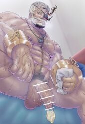 after_orgasm balls balor_(tokyo_afterschool_summoners) bara beard body_hair condom condom_on_penis cum cum_in_condom facial_hair flaccid genta_iwayama male male_only muscles muscular musk penis sitting solo solo_male sweat sweating tokyo_afterschool_summoners