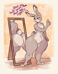 anthro ass ass_bigger_than_head big_butt bottom_heavy breasts dialogue disney female genitals hi_res hips_wider_than_shoulders huge_butt huge_thighs judy_hopps lagomorph leporid long_ears looking_at_own_butt mammal mirror mirror_reflection open_mouth pear-shaped_figure petroverr purple_eyes pussy rabbit reflection short_stack short_tail solo tail text thick_thighs wide_hips zootopia