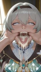 cum_in_mouth cum_on_tongue cumdrip excessive_cum firefly_(honkai:_star_rail) honkai:_star_rail huge_breasts open_mouth pov pov_hands rolling_eyes spread_mouth