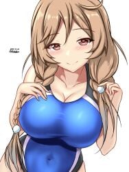 blush braid breasts brown_eyes cleavage collarbone competition_swimsuit covered_navel dated female highres kantai_collection large_breasts light_brown_hair long_hair looking_at_viewer minegumo_(kancolle) montemasa one-hour_drawing_challenge one-piece_swimsuit simple_background solo swimsuit twin_braids twitter_username white_background