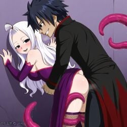 1boy 1girls ai_generated black_hair couple fairy_tail gray_fullbuster mirajane_strauss sensual tentacle white_hair