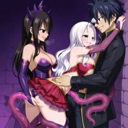 1boy 2girls ai_generated black_hair couple fairy_tail gray_fullbuster mirajane_strauss sensual tentacle white_hair