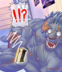 anthro balls bara boner caught caught_masturbating erection furry genta_iwayama krampus_(tokyo_afterschool_summoners) male male_only muscles muscular nude penis solo solo_male sweat sweating tokyo_afterschool_summoners watching_porn