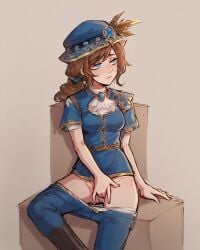 1girls ai_generated blue_eyes blue_hat blue_pants blue_shirt brown_hair edgar_valden falsegate feathers fingering fingering_self genderswap_(mtf) hat highres identity_v idv masturbation medium_breasts medium_hair pants_pulled_down ponytail pulled_down_pants rule_63 rule_63 sitting solo stable_diffusion