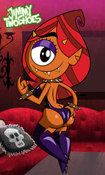 1girls ass cyclops dark_saffi female female_only grimphantom hand_on_ass horns jimmy_two-shoes looking_at_viewer looking_back monster monster_girl orange_skin pointy_ears purple_eyeshadow red_hair saffi sharp_teeth smile spiked_bracelet spiked_collar stockings tagme