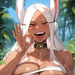 1girls ai_generated animal_ear_fluff animal_ears areola_slip areolae bangs bare_shoulders black_choker blurry blush boku_no_hero_academia breasts bunny_ears bunny_girl choker clavicle cleavage clothing collar curvaceous curvaceous_female curvaceous_figure curvy curvy_figure dark-skinned_female dark_skin day eyebrows eyelashes fangs fellatio_gesture female female female_focus female_only forest half-closed_eyes huge_breasts imminent_fellatio inviting inviting_to_sex jewelry large_breasts lips long_eyelashes long_hair looking_at_viewer mature_female mirko miruko miyuai my_hero_academia nail_polish nature naughty_face navel nipples nude open-mouth_smile open_mouth oral_invitation outdoors parted_bangs rain red_eyes red_nails saliva sarashi seductive seductive_look seductive_smile shiny skindentation sky smile solo solo_focus sweat teeth tongue tongue_out tree upper_body upper_teeth upper_teeth_only usagiyama_rumi voluptuous voluptuous_female water wet white_hair