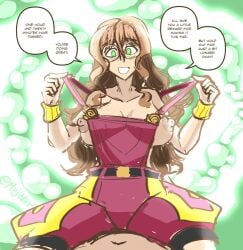 brown_hair clothed_female_nude_male consensual_hypnosis cowgirl_position edging flashing flashing_breasts glasses green_eyes happy hypnosis imminent_sex large_breasts long_hair loose_hair majinsfw no_bra oc original_character overalls poma_(majinsfw) smile stripping