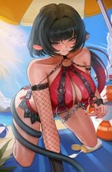 absurdres animal_ears bare_shoulders beach_mat beach_umbrella black_hair blue_sky breasts commentary female female_only fishnet_sleeves fishnets green_eyes highres jane_doe_(nocturne_of_light)_(zenless_zone_zero) jane_doe_(zenless_zone_zero) large_breasts looking_at_viewer lotion mouse_ears mouse_girl mouse_tail multicolored_hair official_alternate_costume one-piece_swimsuit outdoors puppnett red_hair red_one-piece_swimsuit sky solo sunscreen swimsuit tail thigh_strap thighs two-tone_hair umbrella zenless_zone_zero