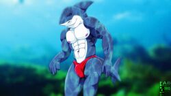 2013 abs anthro biped blue_body blue_scales bulge closed_smile clothed clothing digital_drawing_(artwork) digital_media_(artwork) dorsal_fin fabfelipe fin fish front_view gills male marine mouth_closed multicolored_body multicolored_scales muscular muscular_anthro muscular_male navel nipples red_clothing red_speedo red_swimwear scales shark smile solo speedo speedo_only standing swimwear tail topless two_tone_body two_tone_scales white_body white_scales