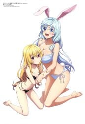 arifureta_shokugyou_de_sekai_saikyou bare_arms bare_belly bare_legs bare_shoulders bare_thighs barefoot belly_button big_breasts bikini black_bikini blonde_hair blue_bikini blue_hair blush body_blush breasts cleavage closed_mouth collarbone feet highleg_bikini long_hair megami_magazine official_art on_knees open_mouth rabbit_ears rabbit_girl rabbit_tail red_eyes shea_haulia shiny_skin side-tie_bikini_bottom small_breasts smile thighs toes yue_(arifureta)