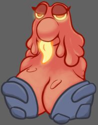 anthro bulletification female glowing_eyes glowing_tongue huge_breasts lava lava_body lava_hair looking_at_viewer magcargo orange_body orange_eyes orange_hair pokemon pokemon_(species) slime slime_girl snail solo stone_body