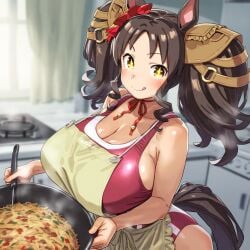 ai_generated animal_ears apron big_breasts black_hair bright_eyes cooking curly_hair female horse_girl looking_at_viewer marvelous_sunday_(umamusume) ribbon twintails umamusume umamusume_pretty_derby yellow_eyes