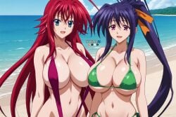 2girls ahoge ai_generated akeno_himejima antenna_hair beach big_breasts bikini black_hair couple crimson_hair eternoai female_only hair_ribbon high_school_dxd light_skin orange_ribbon outdoors ponytail rias_gremory sky_blue_eyes very_long_hair violet_eyes voluptuous yuri yuri