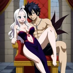 1boy 1girls ai_generated black_hair couple fairy_tail gray_fullbuster mirajane_strauss sensual white_hair