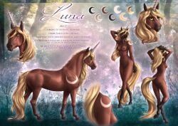 anthro blonde_hair blonde_mane breasts brown_body equid equine female feral genitals gloves_(marking) hair horn leg_markings luna_(chestnutluna) mammal mane markings moon_(marking) mouth_closed mythological_creature mythological_equine mythology nude pussy rufciu socks_(marking) solo tail unicorn white_horn yellow_eyes yellow_tail