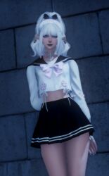 1girls crop_top degenxiv final_fantasy final_fantasy_xiv hair_ornament hair_ribbon hi_res light-skinned_female looking_at_viewer original_character pleated_skirt school_uniform serafuku square_enix white_hair
