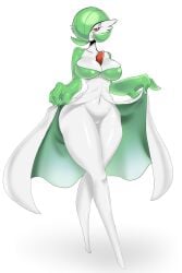 bob_cut breasts cleft_of_venus clothes_lift colored_skin dress dress_lift female gardevoir green_hair green_skin hair_over_one_eye half-closed_eyes highres looking_at_viewer multicolored_skin navel pink_eyes pokemon pokemon_(creature) pussy shark-py simple_background two-tone_skin white_background white_dress white_skin