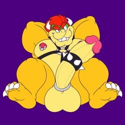 1boy 4_toes arms_behind_head arms_up barefoot bowser chubby cock_ring erection half-erect hyper_penis koopa long_penis looking_at_viewer lying male male_only mario_(series) nintendo nipple_piercing nipple_rings nipples nude on_back penis presenting presenting_penis purple_background simple_background sitting smile soles solo spiked_cock_ring spiked_collar testicles thick_penis uncensored video_games wolfbuns