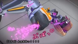 3d agent_mirai anal android ass blender_(medium) bodysuit brown_hair female from_behind highres impossible_bodysuit impossible_clothes long_hair lying mirai_(agent_mirai) object_insertion on_side personality_excrement ponytail pussy pussy_juice robot solo umaaji_lady_mk2