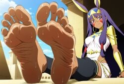 ai_generated black_toenails egyptian egyptian_clothes egyptian_female egyptian_headdress egyptian_mythology feet female female_only foot_fetish fuealahomg highres legs nitocris_(fate/grand_order) sitting soles solo solo_female sweat sweatdrop toenail_polish toenails toes