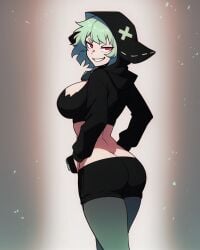 1girls ai_generated ass black_bra black_hood black_shorts bra breasts collar falsegate from_behind green_eyes green_hair green_pantyhose i'm_the_grim_reaper large_breasts pantyhose presenting_ass shorts smile solo stable_diffusion wrynn_(i'm_the_grim_reaper)