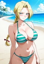 ai_generated bikini blonde_female blonde_hair blue_eyes braided_hair breasts castlevania castlevania_legends curvy female female_only large_breasts long_hair milf navel pale-skinned_female pale_skin sonia_belmont