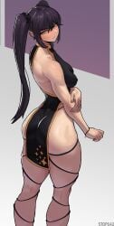 1girls ass ass ass_focus back back_view bare_arms bare_legs bare_shoulders bare_thighs big_ass big_breasts big_butt black_hair blue_eyes clothed clothing color female female_focus female_only genshin_impact hi_res large_breasts light-skinned_female light_skin long_hair looking_at_viewer mona_(genshin_impact) solo solo_female stopu tagme thick_thighs