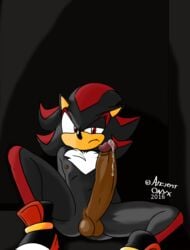 2016 ancient-onyx anthro arm_support balls black_fur brown_balls brown_fur brown_nipples chest_tuft frown half-closed_eye hedgehog long_penis looking_down male navel penis precum precum_bubble precum_trail red_eyes red_stripes ringlets shadow_the_hedgehog sitting sonic_(series) striped_fur yaoi yellow_skin